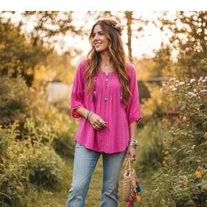 Peasant Shirt Deep Pink Very Lightweight Size L Nine West Vintage America Jeans